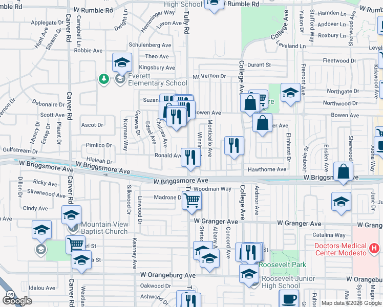 map of restaurants, bars, coffee shops, grocery stores, and more near 1909 Tully Road in Modesto