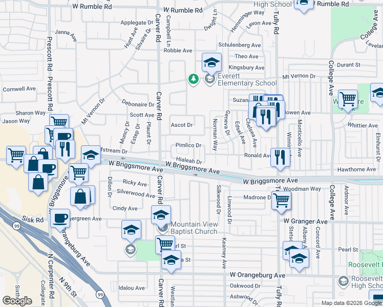 map of restaurants, bars, coffee shops, grocery stores, and more near 1604 Pimlico Drive in Modesto
