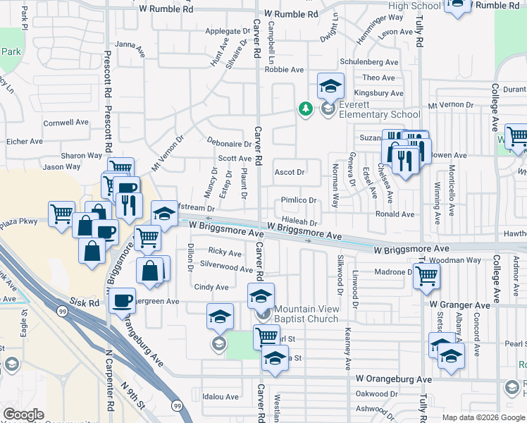 map of restaurants, bars, coffee shops, grocery stores, and more near 1905 Arlington Drive in Modesto