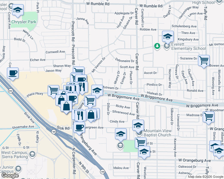 map of restaurants, bars, coffee shops, grocery stores, and more near 1902 Klemm Court in Modesto