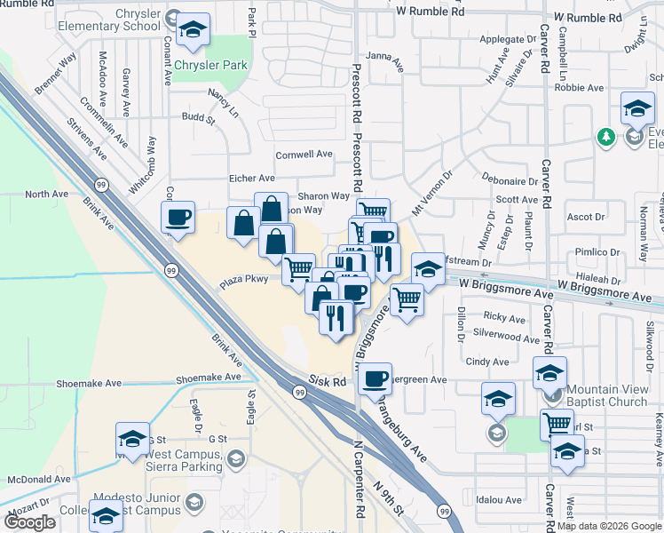 map of restaurants, bars, coffee shops, grocery stores, and more near 1901-B Prescott Road in Modesto