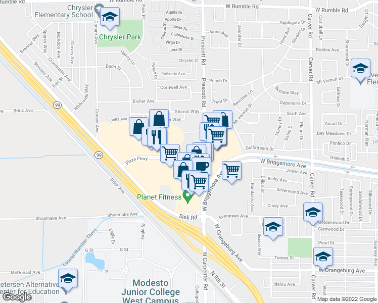 map of restaurants, bars, coffee shops, grocery stores, and more near 1901-B Prescott Road in Modesto