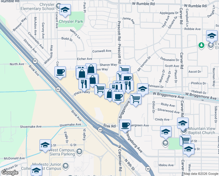 map of restaurants, bars, coffee shops, grocery stores, and more near 2225 Plaza Parkway in Modesto