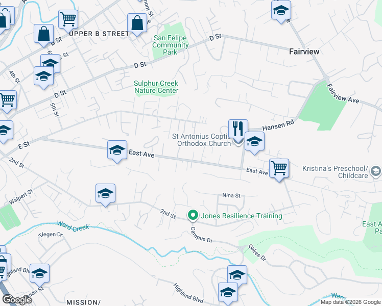 map of restaurants, bars, coffee shops, grocery stores, and more near 24450 Northpointe Court in Hayward