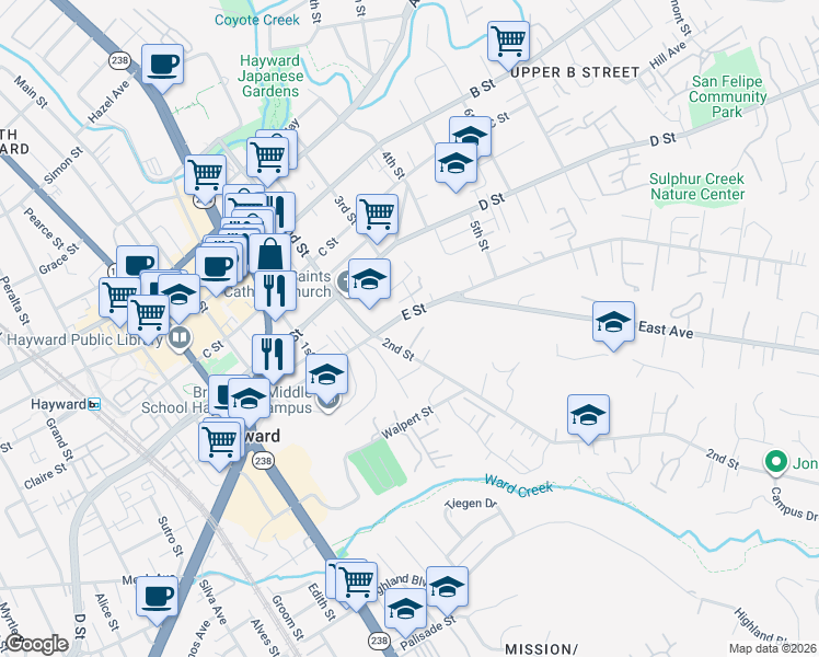 map of restaurants, bars, coffee shops, grocery stores, and more near 1275 E Street in Hayward