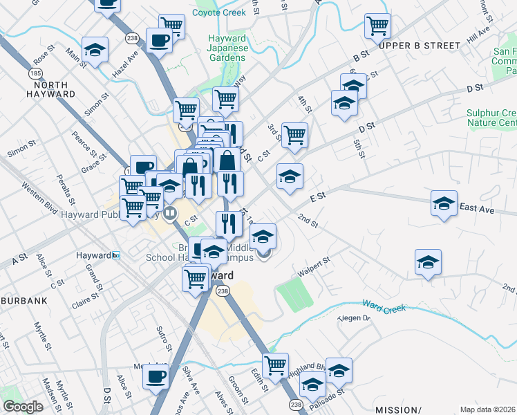 map of restaurants, bars, coffee shops, grocery stores, and more near 1175 D Street in Hayward