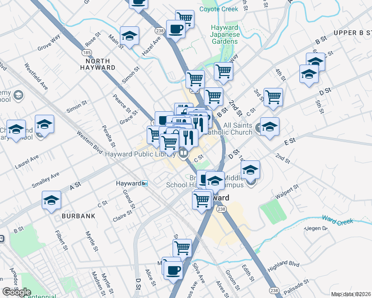 map of restaurants, bars, coffee shops, grocery stores, and more near 938a B Street in Hayward