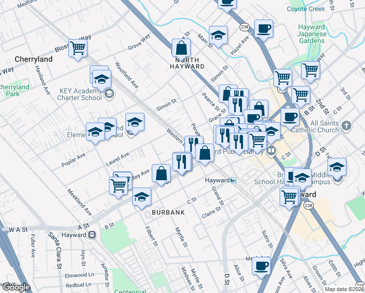 map of restaurants, bars, coffee shops, grocery stores, and more near 22336 Western Boulevard in Hayward