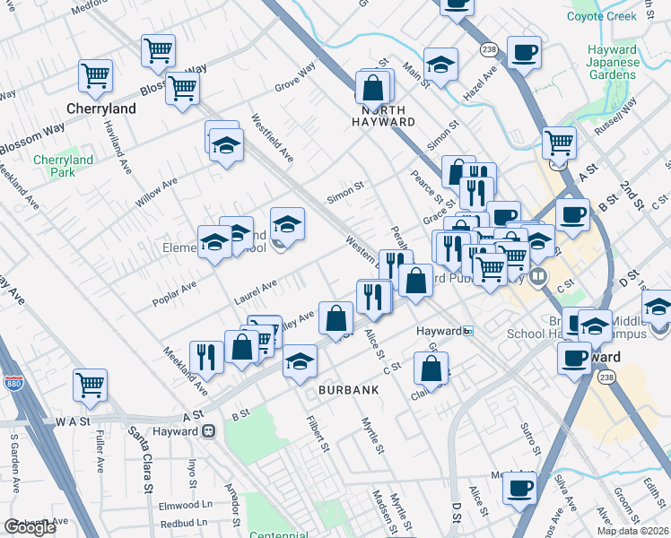 map of restaurants, bars, coffee shops, grocery stores, and more near 22306 Flagg Street in Hayward