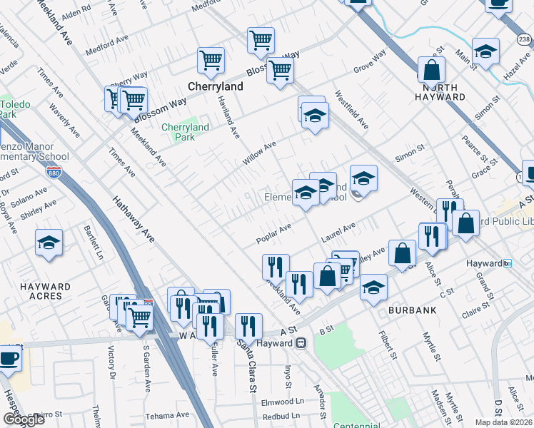 map of restaurants, bars, coffee shops, grocery stores, and more near 215 Sunset Boulevard in Hayward