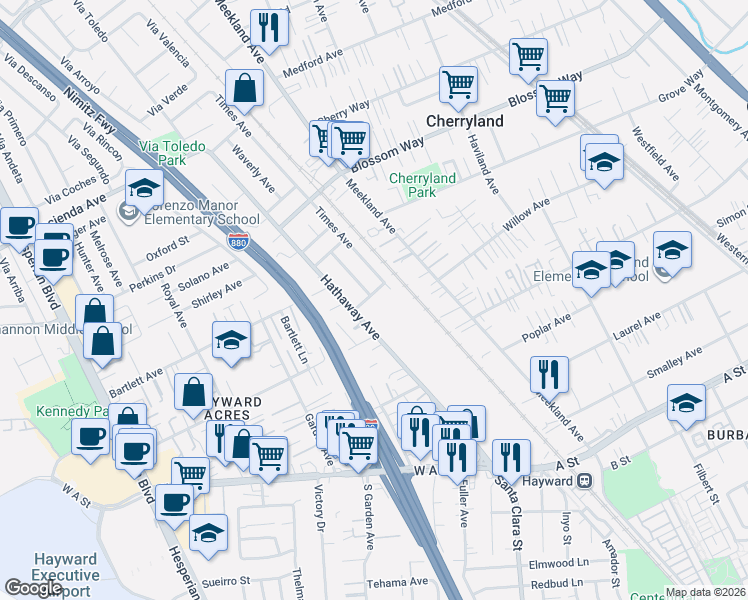 map of restaurants, bars, coffee shops, grocery stores, and more near 21233 Gribben Avenue in Hayward
