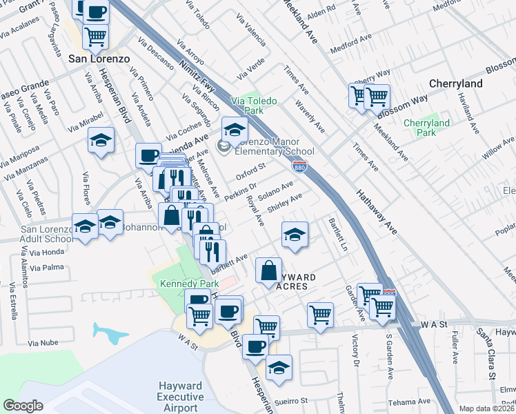 map of restaurants, bars, coffee shops, grocery stores, and more near 452 Solano Avenue in Hayward