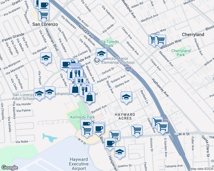 map of restaurants, bars, coffee shops, grocery stores, and more near 486 Perkins Drive in Hayward
