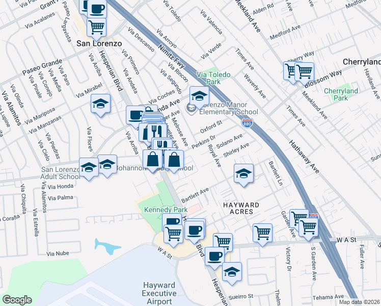 map of restaurants, bars, coffee shops, grocery stores, and more near 18773 Melrose Avenue in Hayward