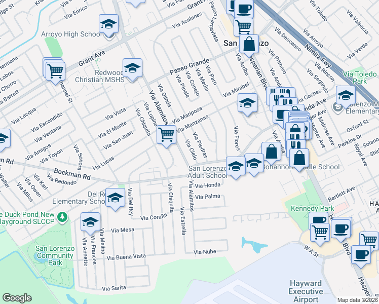 map of restaurants, bars, coffee shops, grocery stores, and more near 17065 Via Cielo in San Lorenzo