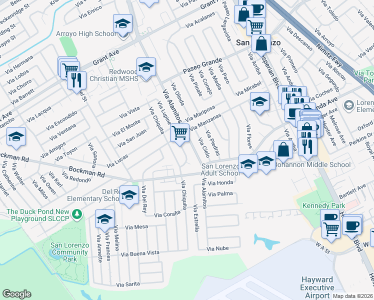 map of restaurants, bars, coffee shops, grocery stores, and more near 17034 Via Margarita in San Lorenzo