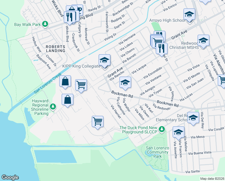 map of restaurants, bars, coffee shops, grocery stores, and more near 2125 Bockman Road in San Lorenzo