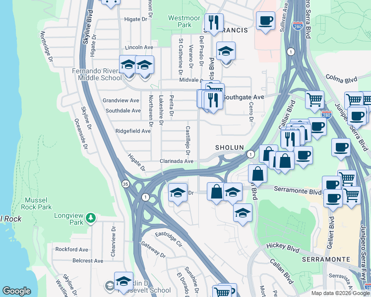 map of restaurants, bars, coffee shops, grocery stores, and more near 55 Castillejo Drive in Daly City