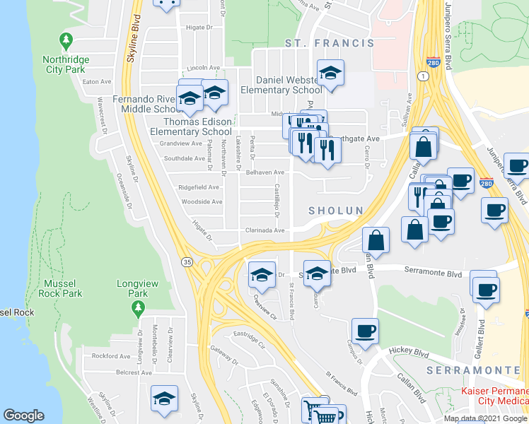 map of restaurants, bars, coffee shops, grocery stores, and more near 75 Pacifico Avenue in Daly City