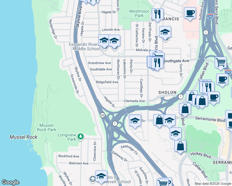 map of restaurants, bars, coffee shops, grocery stores, and more near 459 Northaven Drive in Daly City