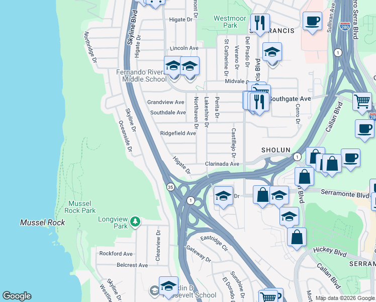 map of restaurants, bars, coffee shops, grocery stores, and more near 51 Woodside Avenue in Daly City