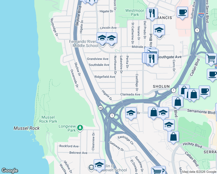 map of restaurants, bars, coffee shops, grocery stores, and more near 51 Woodside Avenue in Daly City