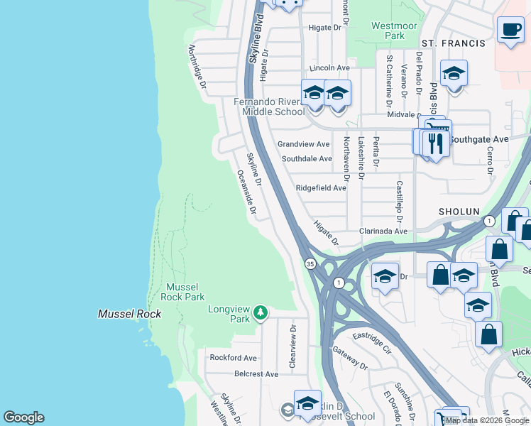 map of restaurants, bars, coffee shops, grocery stores, and more near 789 Skyline Drive in Daly City