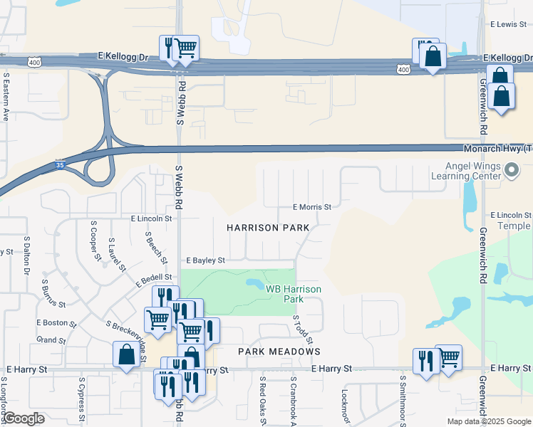 map of restaurants, bars, coffee shops, grocery stores, and more near 830 East Morris Street in Wichita