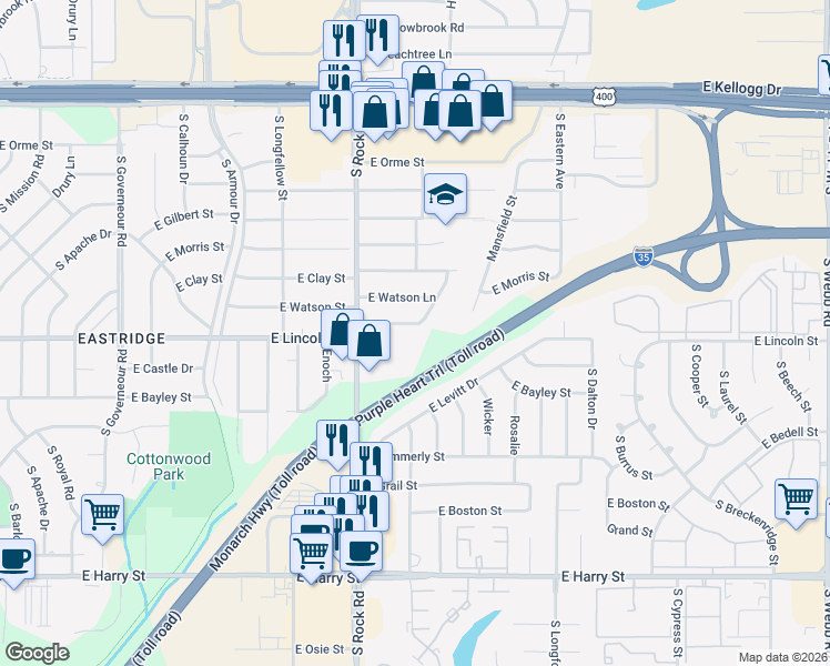 map of restaurants, bars, coffee shops, grocery stores, and more near 8038 East Dresden Lane in Wichita