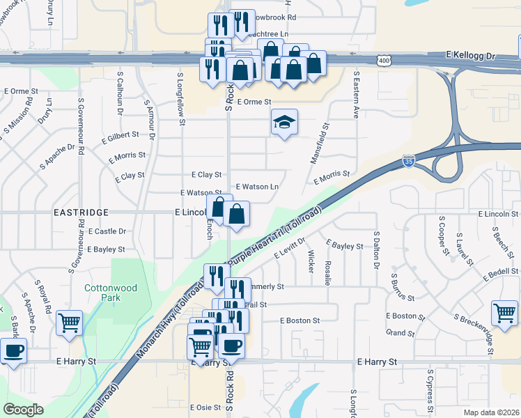map of restaurants, bars, coffee shops, grocery stores, and more near 8038 East Dresden Lane in Wichita