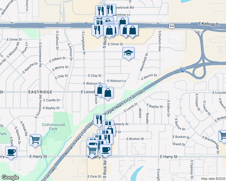 map of restaurants, bars, coffee shops, grocery stores, and more near 8010 South Eastmoor Street in Wichita