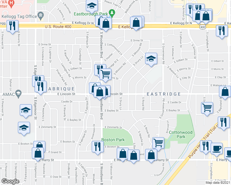 map of restaurants, bars, coffee shops, grocery stores, and more near 844 South Mission Road in Wichita