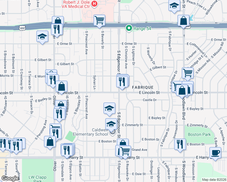 map of restaurants, bars, coffee shops, grocery stores, and more near in Wichita