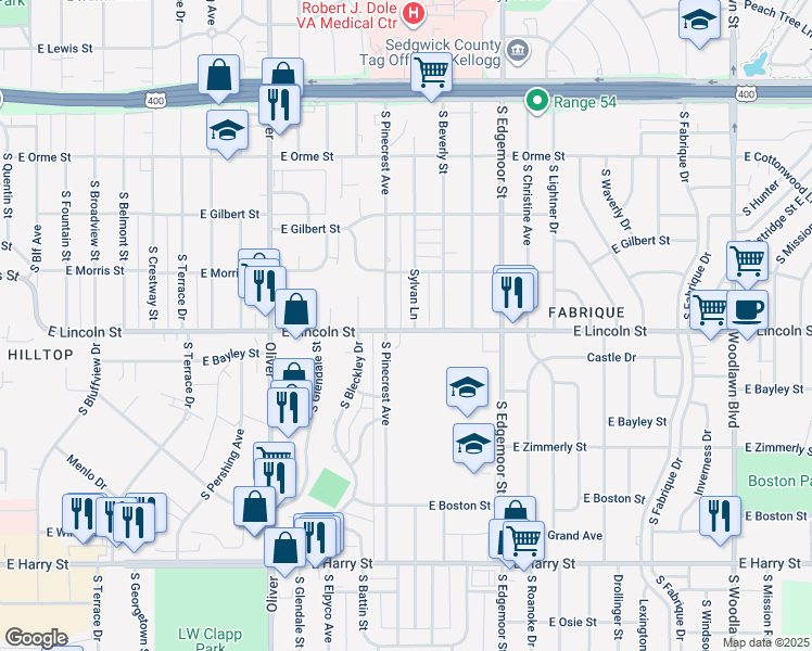 map of restaurants, bars, coffee shops, grocery stores, and more near 859 Sylvan Lane in Wichita