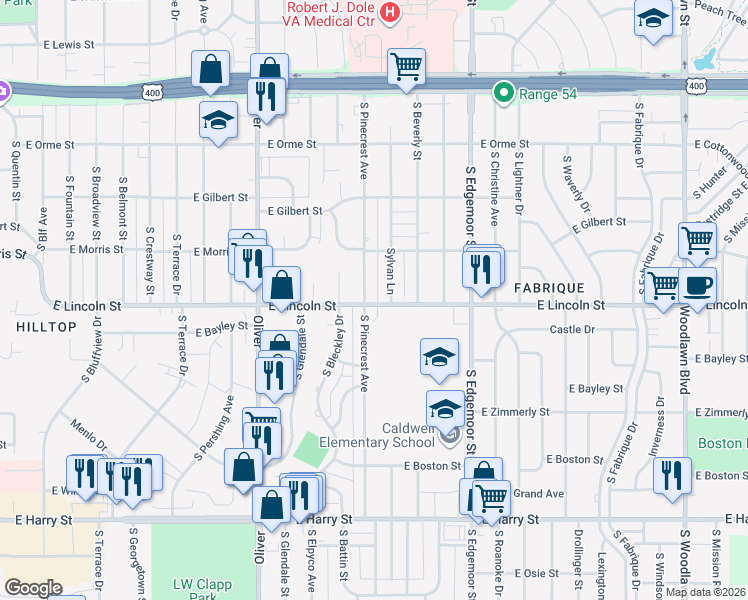 map of restaurants, bars, coffee shops, grocery stores, and more near 859 Sylvan Lane in Wichita