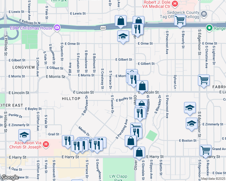 map of restaurants, bars, coffee shops, grocery stores, and more near 843 South Terrace Drive in Wichita