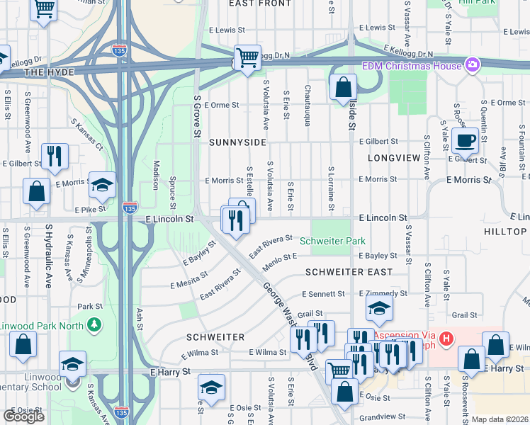 map of restaurants, bars, coffee shops, grocery stores, and more near 840 South Volutsia Street in Wichita