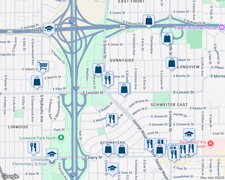 map of restaurants, bars, coffee shops, grocery stores, and more near 837 South Green Street in Wichita