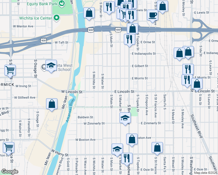 map of restaurants, bars, coffee shops, grocery stores, and more near 1114 S Main St in Wichita