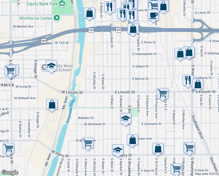 map of restaurants, bars, coffee shops, grocery stores, and more near 1114 S Main St in Wichita