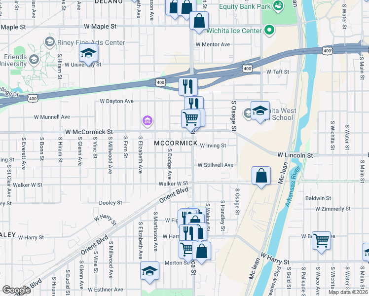 map of restaurants, bars, coffee shops, grocery stores, and more near 1023 South Seneca Street in Wichita