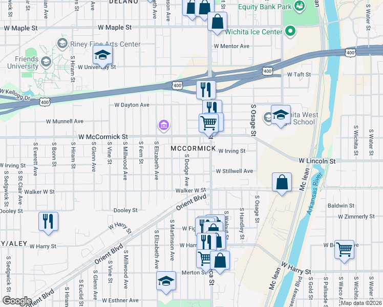 map of restaurants, bars, coffee shops, grocery stores, and more near 1014 South Dodge Avenue in Wichita