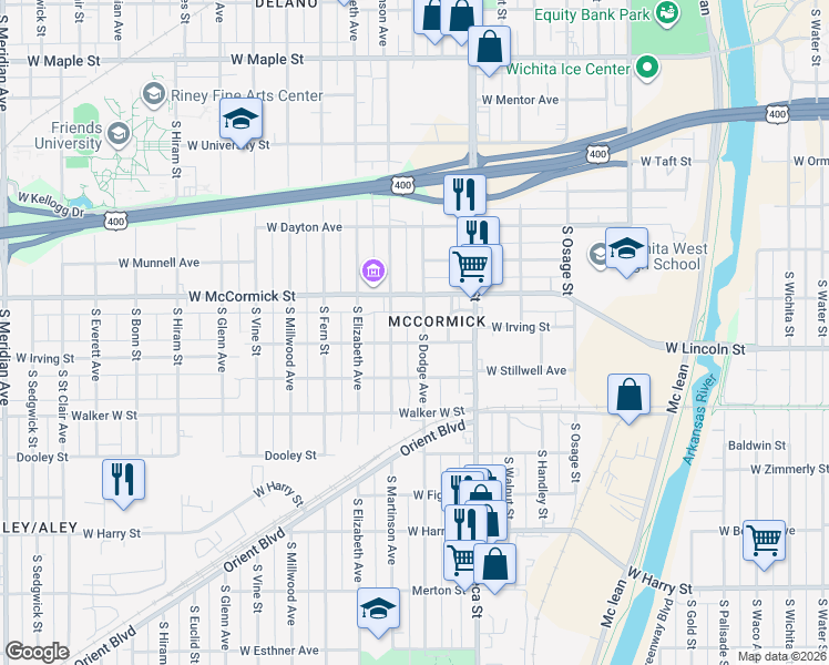 map of restaurants, bars, coffee shops, grocery stores, and more near 1014 South Dodge Avenue in Wichita