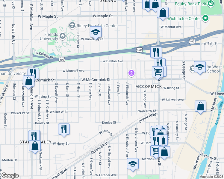 map of restaurants, bars, coffee shops, grocery stores, and more near 1023 South Fern Street in Wichita