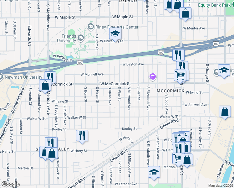 map of restaurants, bars, coffee shops, grocery stores, and more near in Wichita