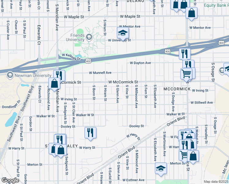 map of restaurants, bars, coffee shops, grocery stores, and more near 918 South Hiram Street in Wichita