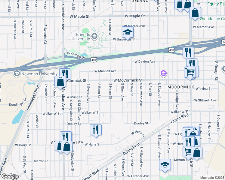 map of restaurants, bars, coffee shops, grocery stores, and more near 918 South Hiram Street in Wichita