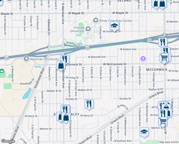 map of restaurants, bars, coffee shops, grocery stores, and more near 925 South Bonn Street in Wichita