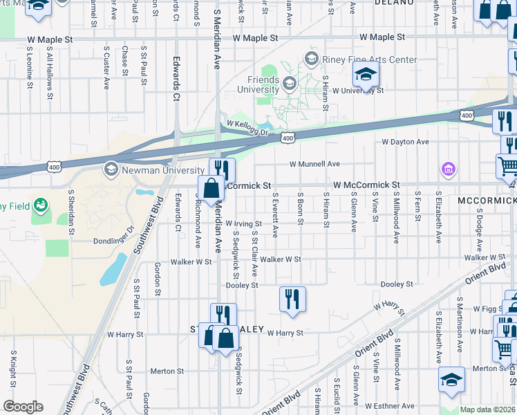 map of restaurants, bars, coffee shops, grocery stores, and more near 1027 South Everett Street in Wichita
