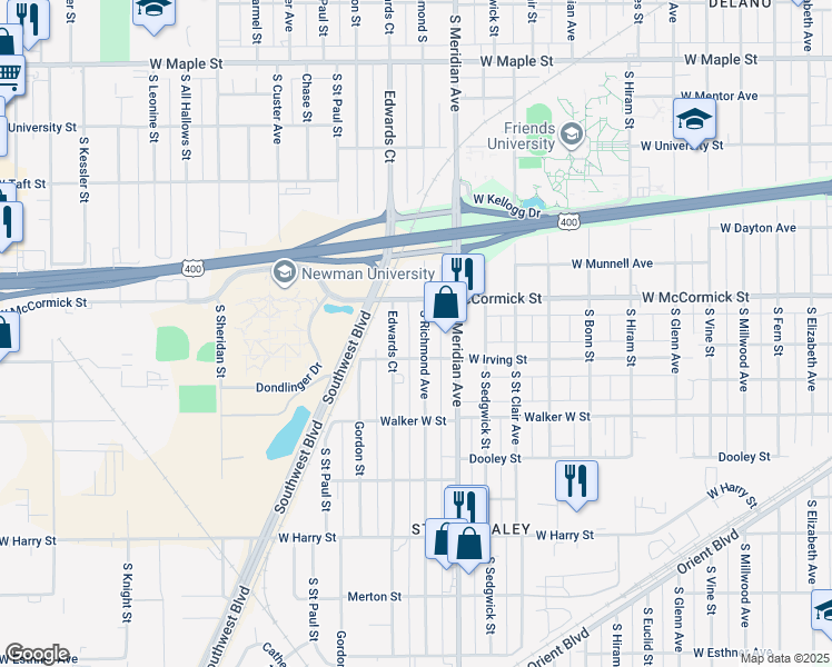 map of restaurants, bars, coffee shops, grocery stores, and more near 1017 Richmond South in Wichita
